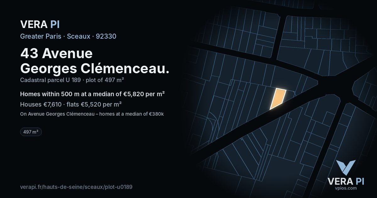 43 Avenue Georges Clémenceau, Sceaux at night – the plot lit, the parcels around coloured by the prices near them