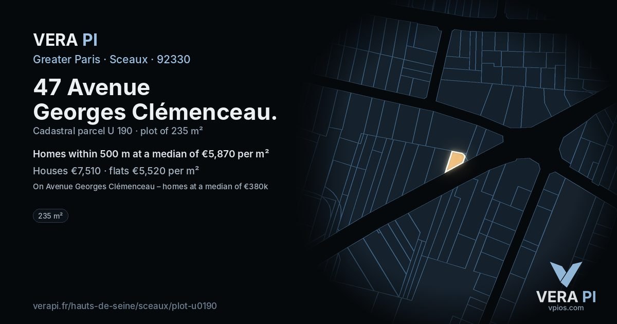 47 Avenue Georges Clémenceau, Sceaux at night – the plot lit, the parcels around coloured by the prices near them