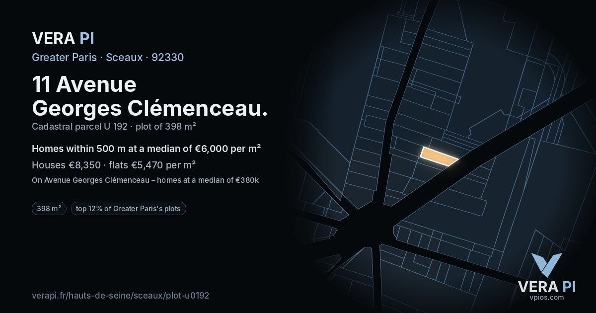 11 Avenue Georges Clémenceau, Sceaux at night – the plot lit, the parcels around coloured by the prices near them