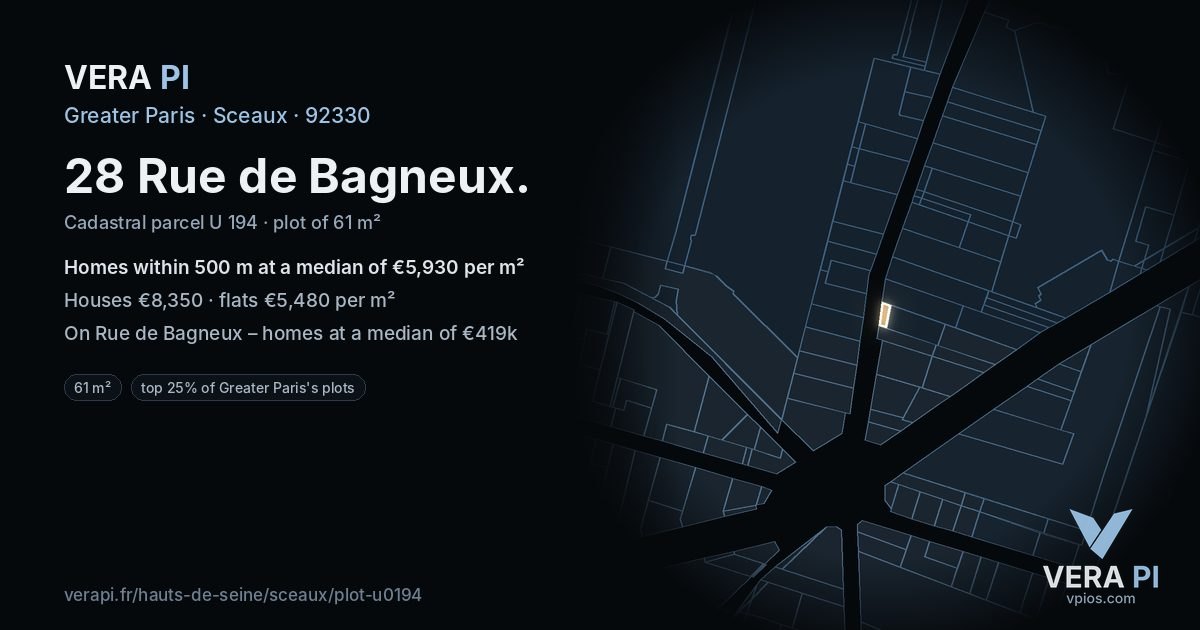 28 Rue de Bagneux, Sceaux at night – the plot lit, the parcels around coloured by the prices near them