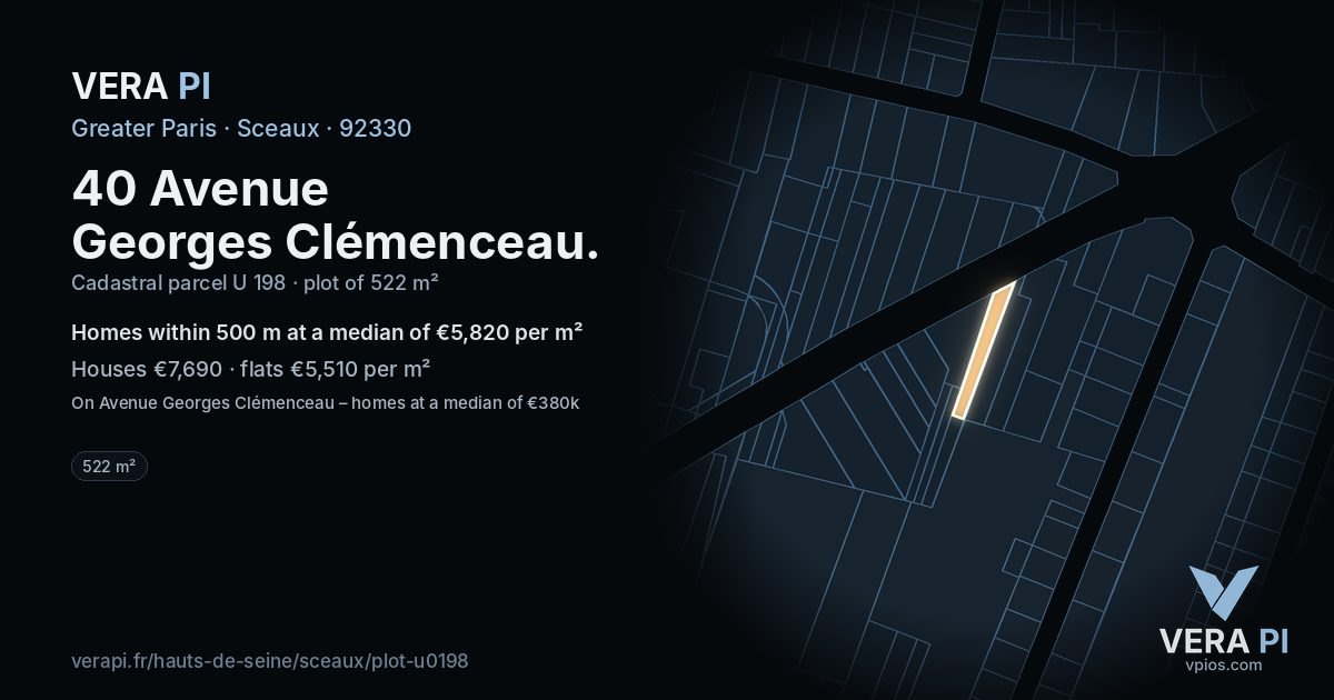 40 Avenue Georges Clémenceau, Sceaux at night – the plot lit, the parcels around coloured by the prices near them