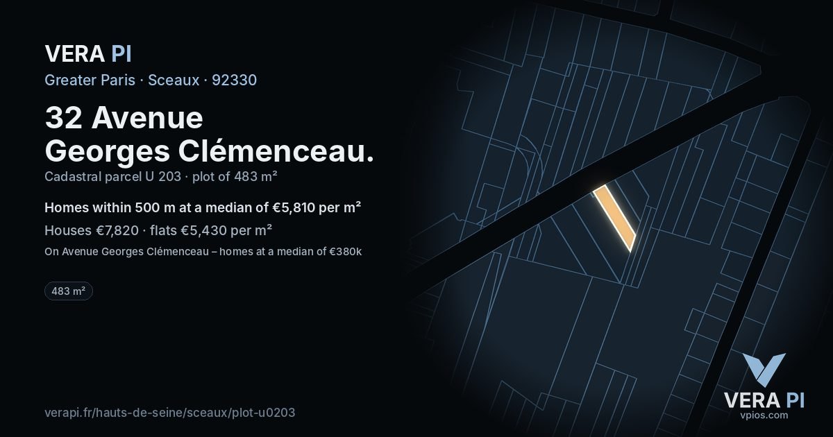 32 Avenue Georges Clémenceau, Sceaux at night – the plot lit, the parcels around coloured by the prices near them