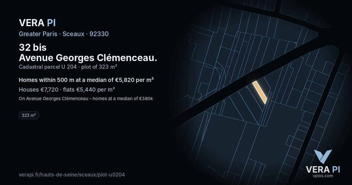 32 bis Avenue Georges Clémenceau, Sceaux at night – the plot lit, the parcels around coloured by the prices near them