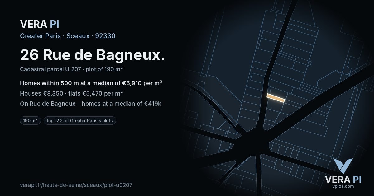 26 Rue de Bagneux, Sceaux at night – the plot lit, the parcels around coloured by the prices near them