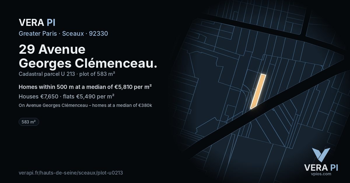 29 Avenue Georges Clémenceau, Sceaux at night – the plot lit, the parcels around coloured by the prices near them