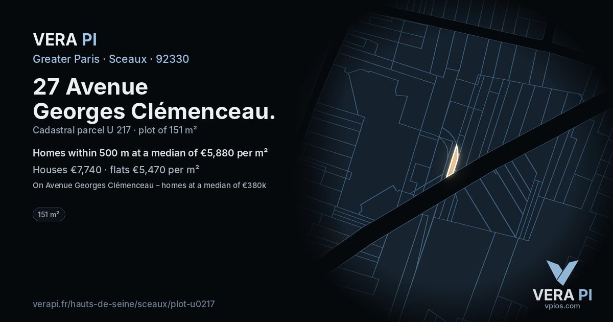 27 Avenue Georges Clémenceau, Sceaux at night – the plot lit, the parcels around coloured by the prices near them