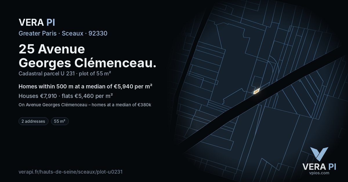 25 Avenue Georges Clémenceau, Sceaux at night – the plot lit, the parcels around coloured by the prices near them