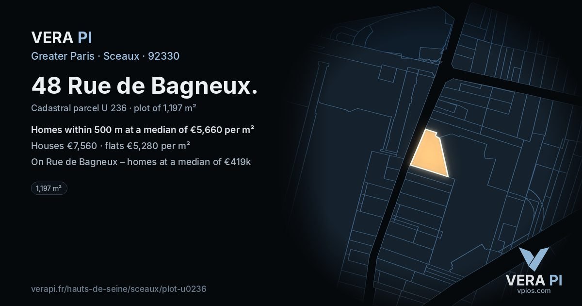 48 Rue de Bagneux, Sceaux at night – the plot lit, the parcels around coloured by the prices near them