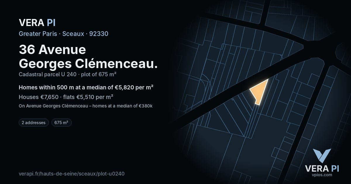 36 Avenue Georges Clémenceau, Sceaux at night – the plot lit, the parcels around coloured by the prices near them