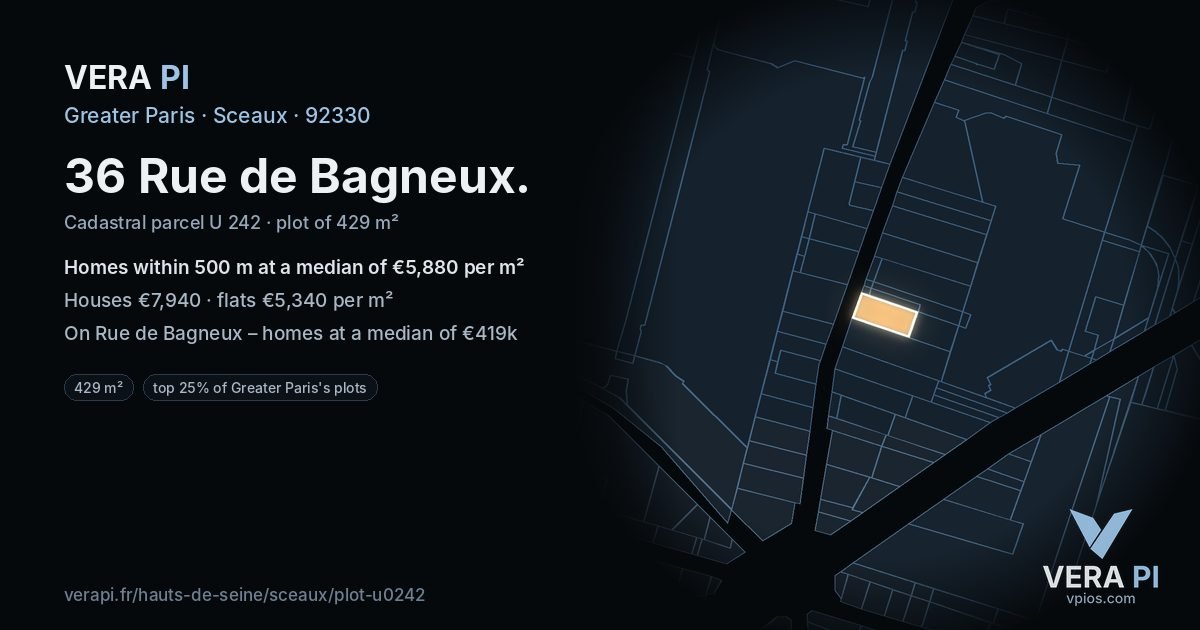 36 Rue de Bagneux, Sceaux at night – the plot lit, the parcels around coloured by the prices near them