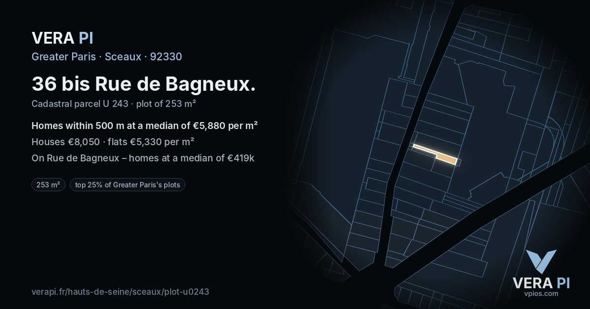 36 bis Rue de Bagneux, Sceaux at night – the plot lit, the parcels around coloured by the prices near them