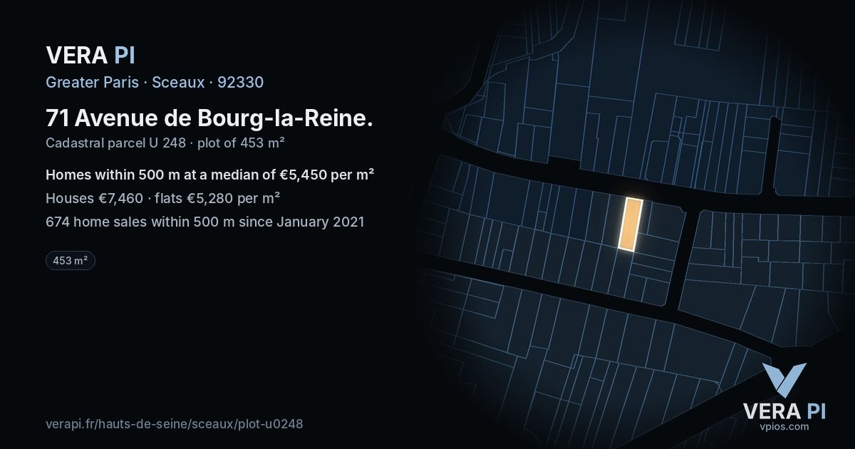 71 Avenue de Bourg-la-Reine, Sceaux at night – the plot lit, the parcels around coloured by the prices near them