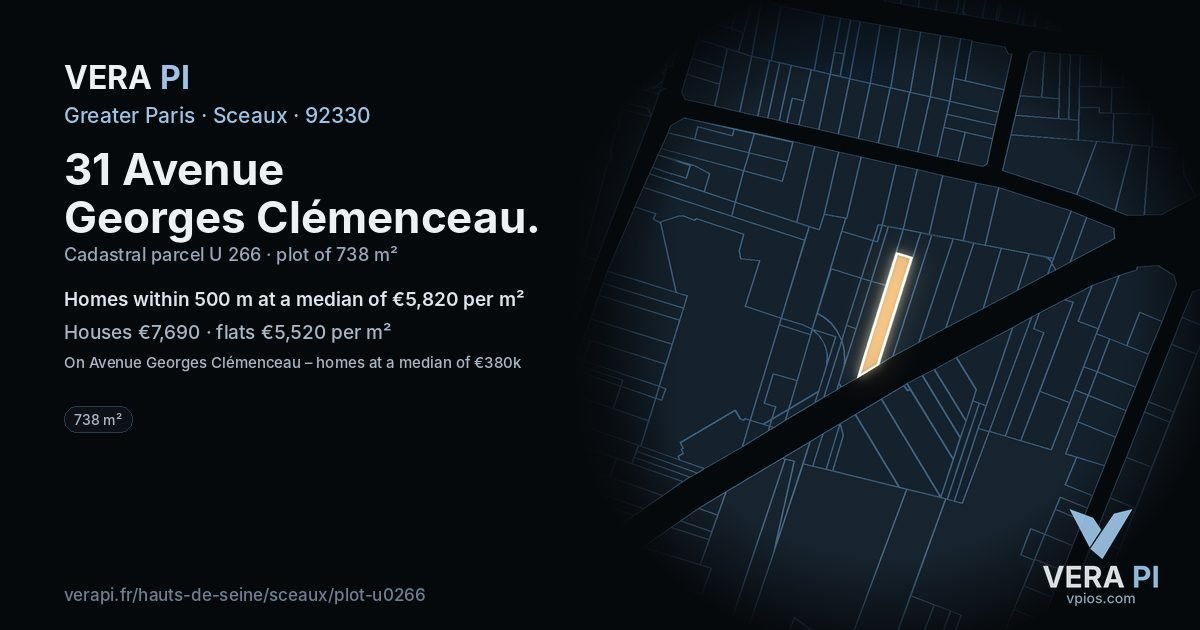 31 Avenue Georges Clémenceau, Sceaux at night – the plot lit, the parcels around coloured by the prices near them