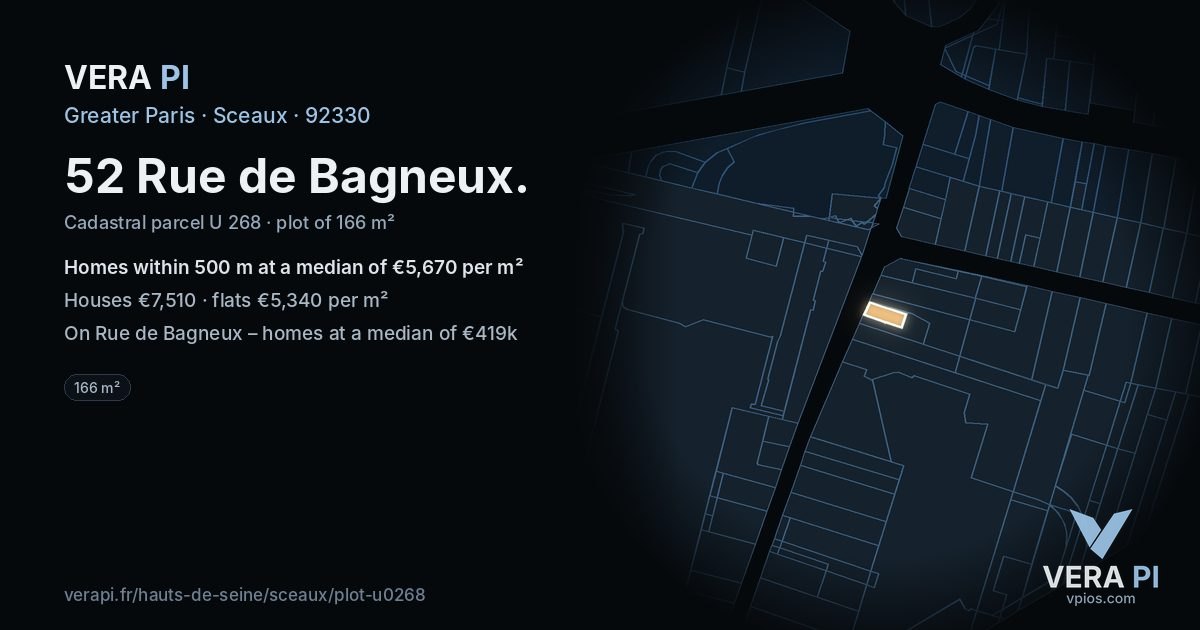 52 Rue de Bagneux, Sceaux at night – the plot lit, the parcels around coloured by the prices near them