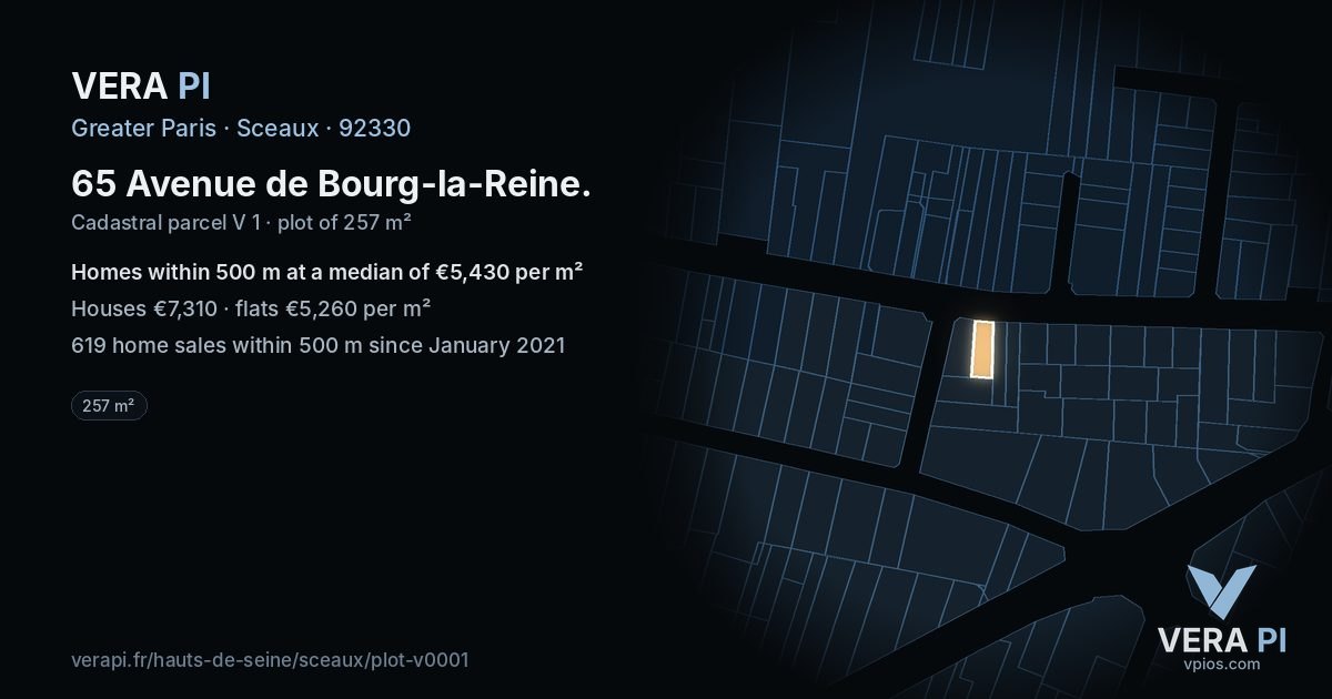 65 Avenue de Bourg-la-Reine, Sceaux at night – the plot lit, the parcels around coloured by the prices near them
