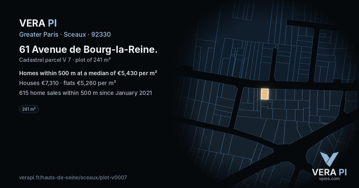 61 Avenue de Bourg-la-Reine, Sceaux at night – the plot lit, the parcels around coloured by the prices near them