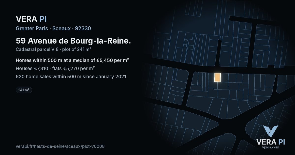 59 Avenue de Bourg-la-Reine, Sceaux at night – the plot lit, the parcels around coloured by the prices near them