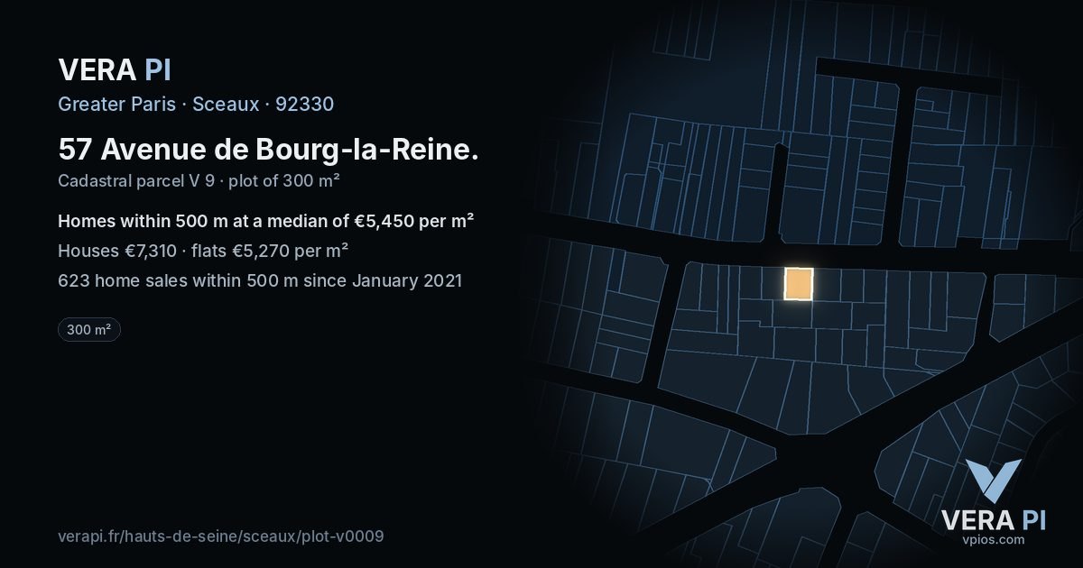 57 Avenue de Bourg-la-Reine, Sceaux at night – the plot lit, the parcels around coloured by the prices near them