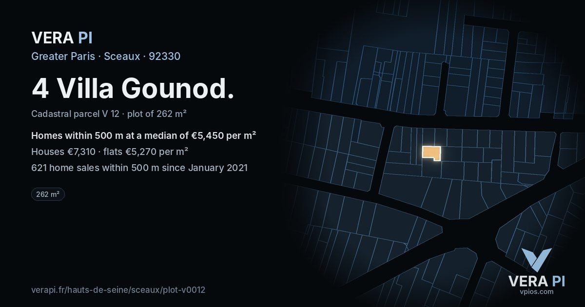 4 Villa Gounod, Sceaux at night – the plot lit, the parcels around coloured by the prices near them