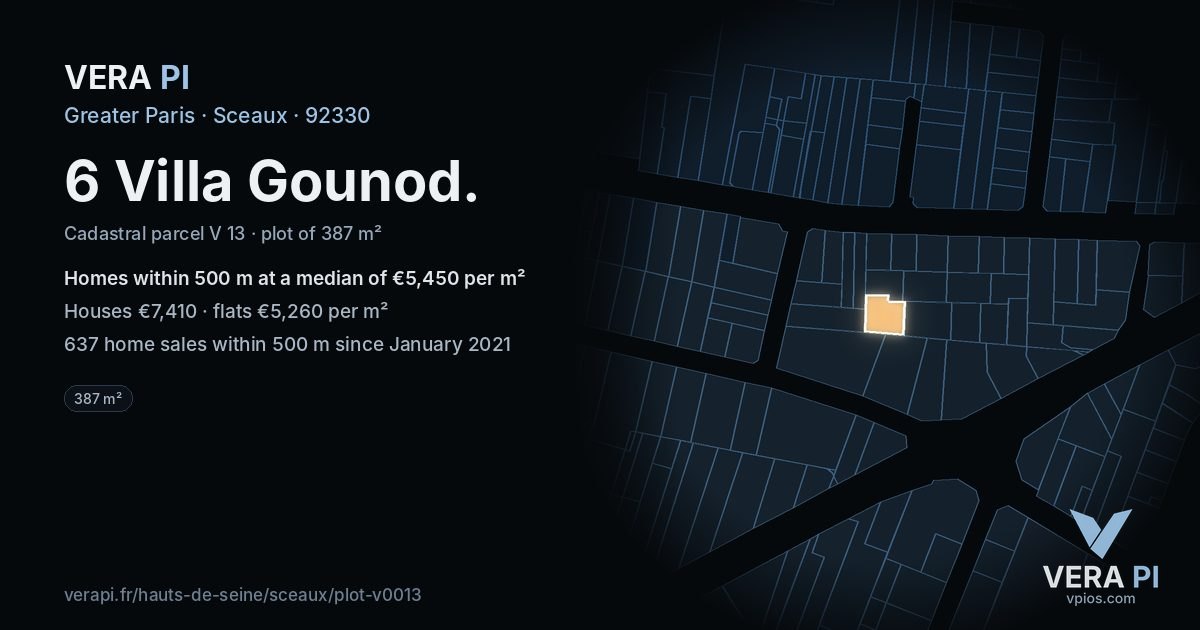 6 Villa Gounod, Sceaux at night – the plot lit, the parcels around coloured by the prices near them