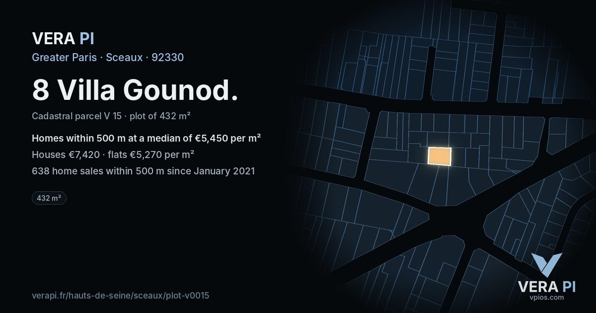 8 Villa Gounod, Sceaux at night – the plot lit, the parcels around coloured by the prices near them