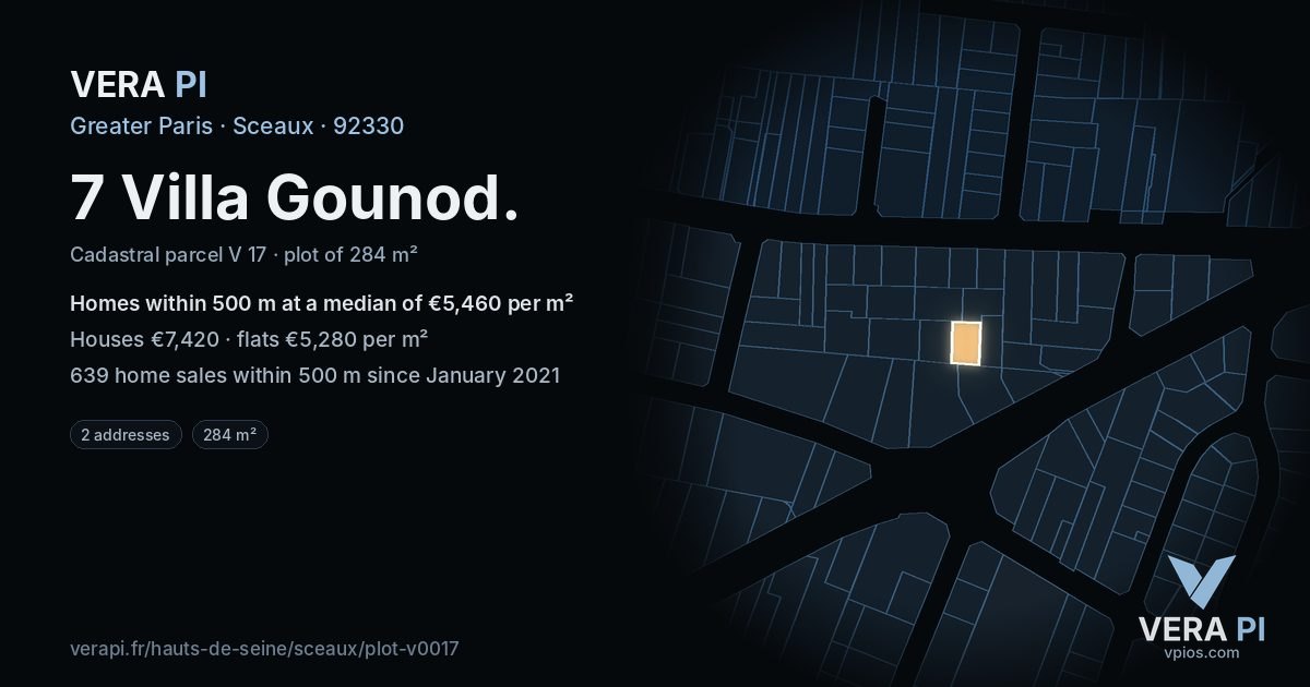 7 Villa Gounod, Sceaux at night – the plot lit, the parcels around coloured by the prices near them