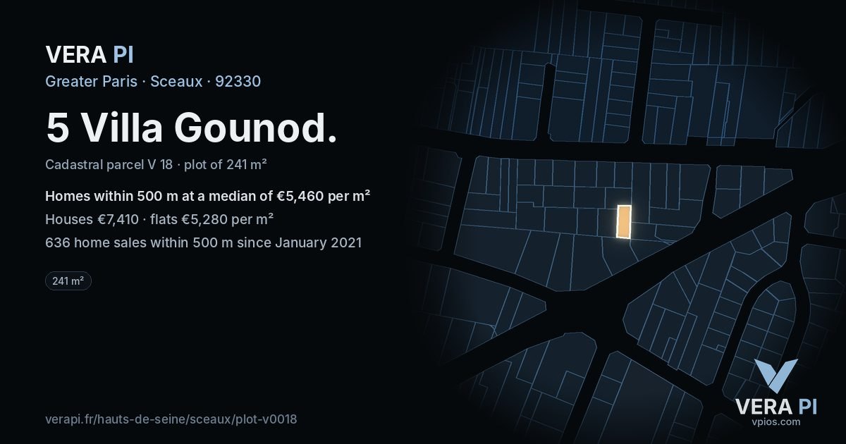 5 Villa Gounod, Sceaux at night – the plot lit, the parcels around coloured by the prices near them