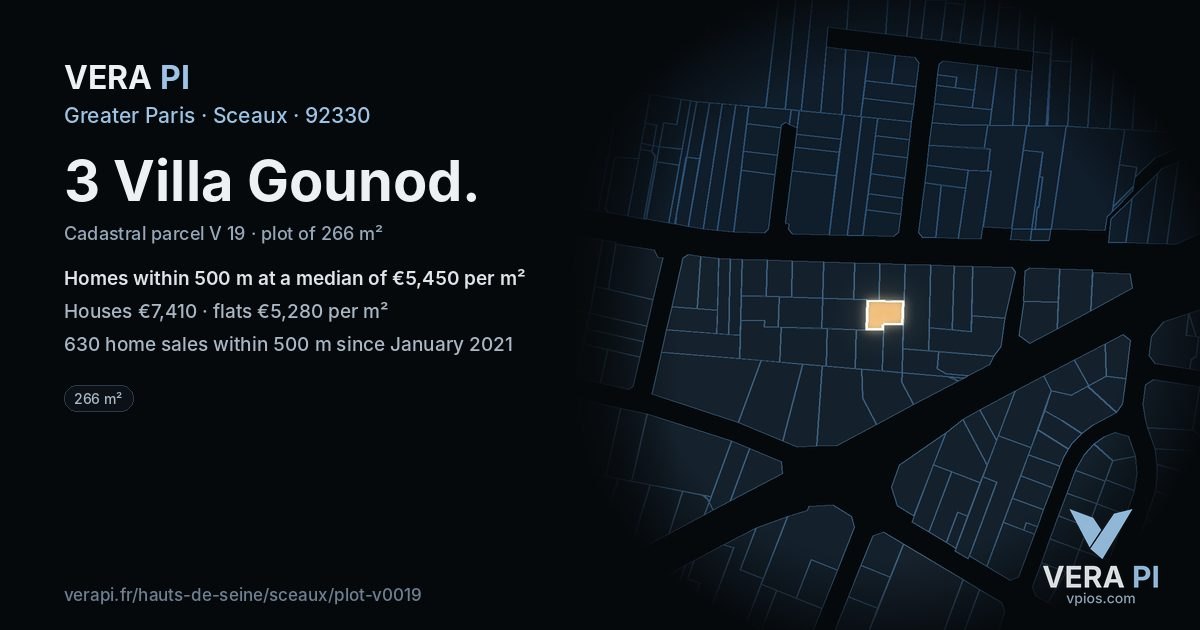 3 Villa Gounod, Sceaux at night – the plot lit, the parcels around coloured by the prices near them