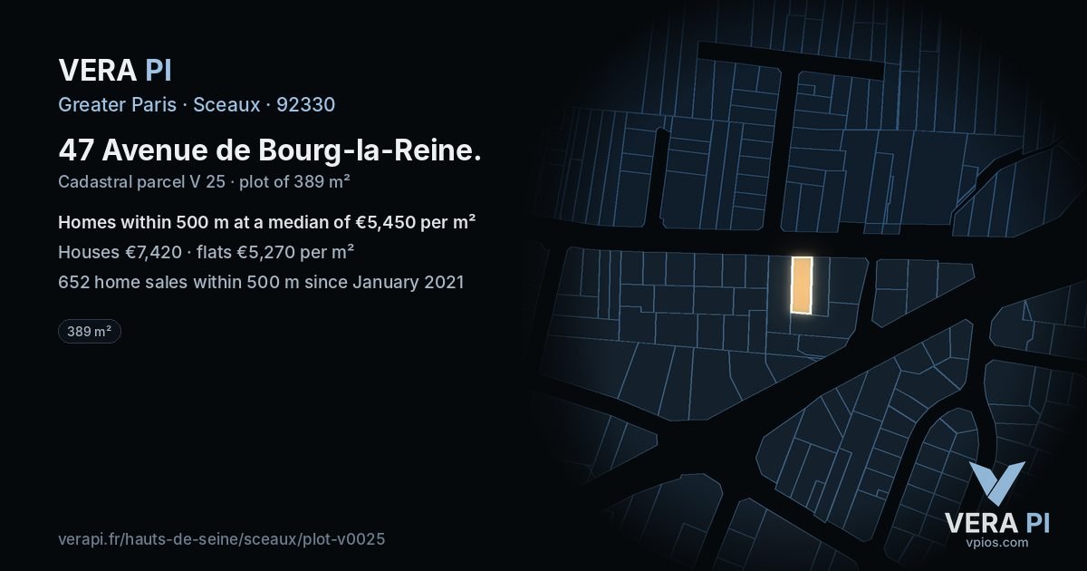 47 Avenue de Bourg-la-Reine, Sceaux at night – the plot lit, the parcels around coloured by the prices near them