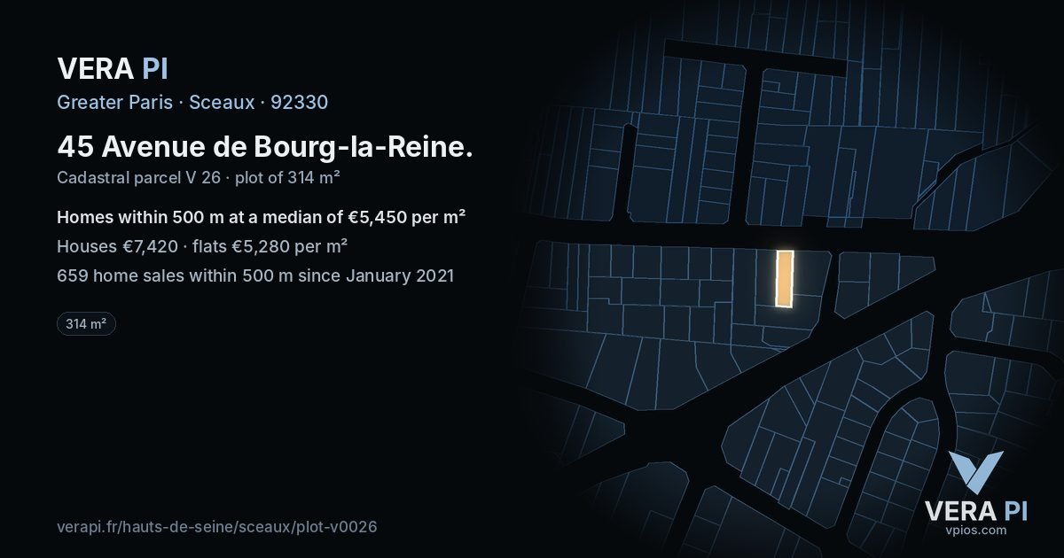 45 Avenue de Bourg-la-Reine, Sceaux at night – the plot lit, the parcels around coloured by the prices near them