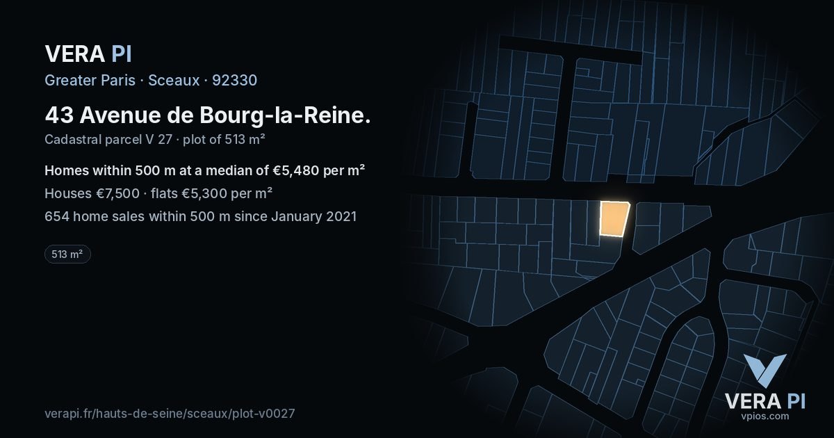 43 Avenue de Bourg-la-Reine, Sceaux at night – the plot lit, the parcels around coloured by the prices near them