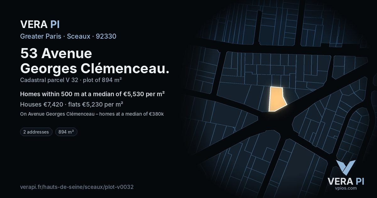 53 Avenue Georges Clémenceau, Sceaux at night – the plot lit, the parcels around coloured by the prices near them
