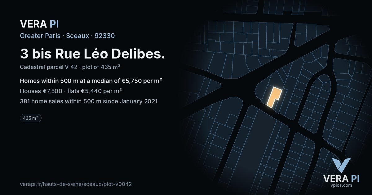 3 bis Rue Léo Delibes, Sceaux at night – the plot lit, the parcels around coloured by the prices near them