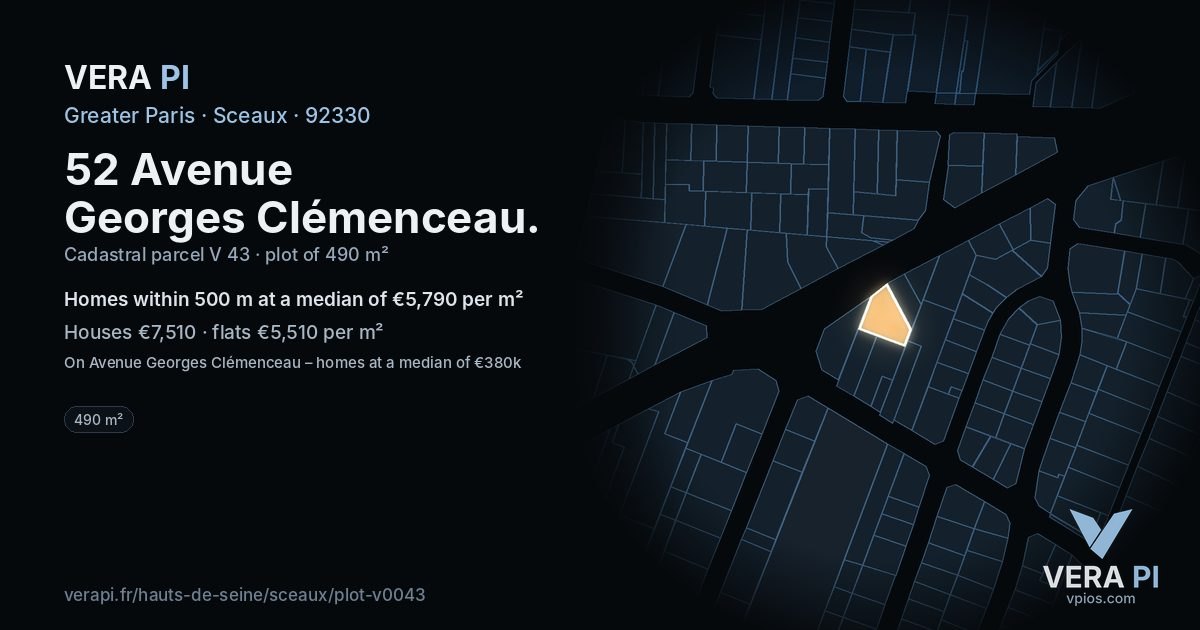 52 Avenue Georges Clémenceau, Sceaux at night – the plot lit, the parcels around coloured by the prices near them