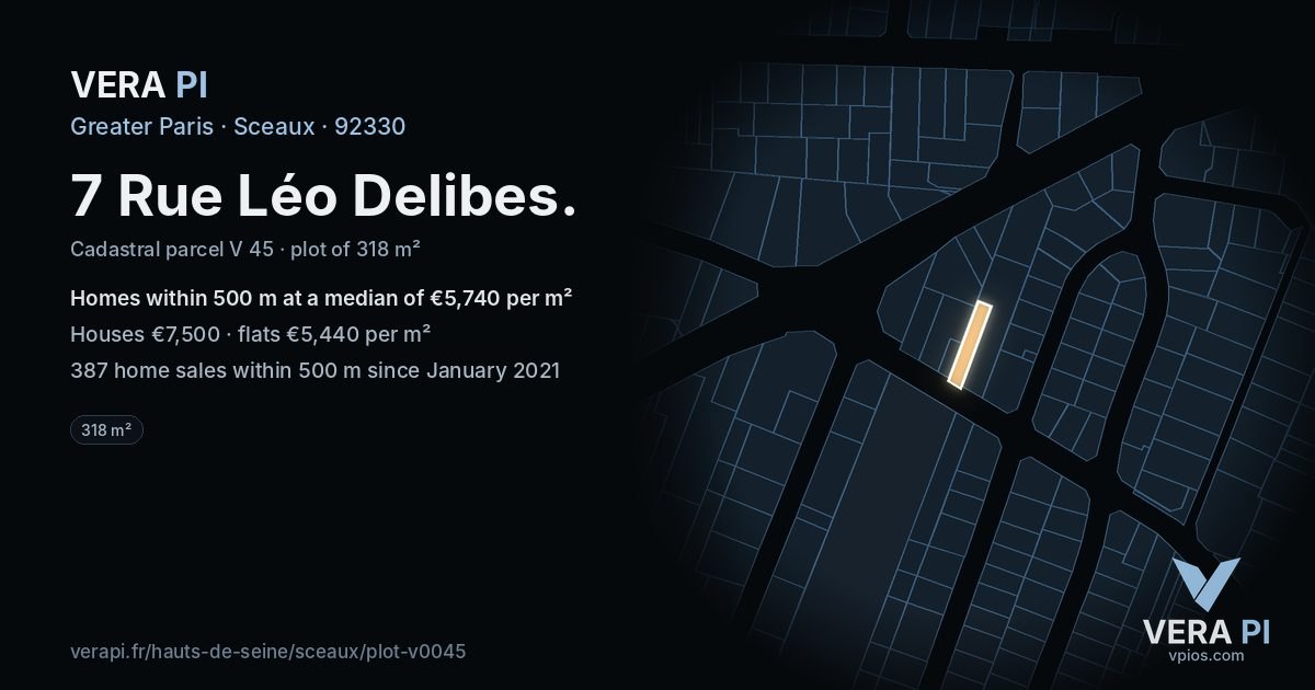 7 Rue Léo Delibes, Sceaux at night – the plot lit, the parcels around coloured by the prices near them