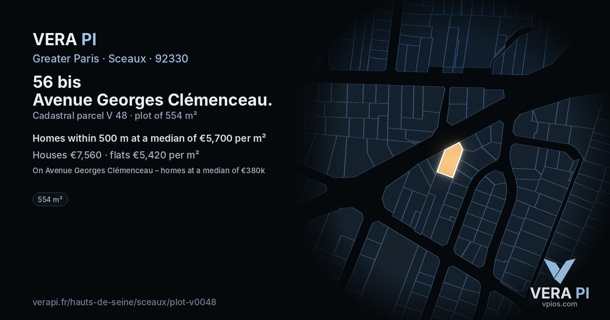 56 bis Avenue Georges Clémenceau, Sceaux at night – the plot lit, the parcels around coloured by the prices near them