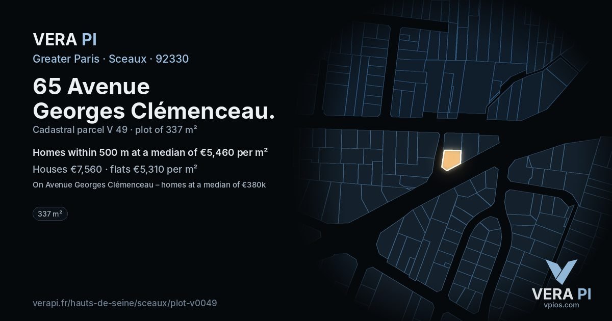 65 Avenue Georges Clémenceau, Sceaux at night – the plot lit, the parcels around coloured by the prices near them