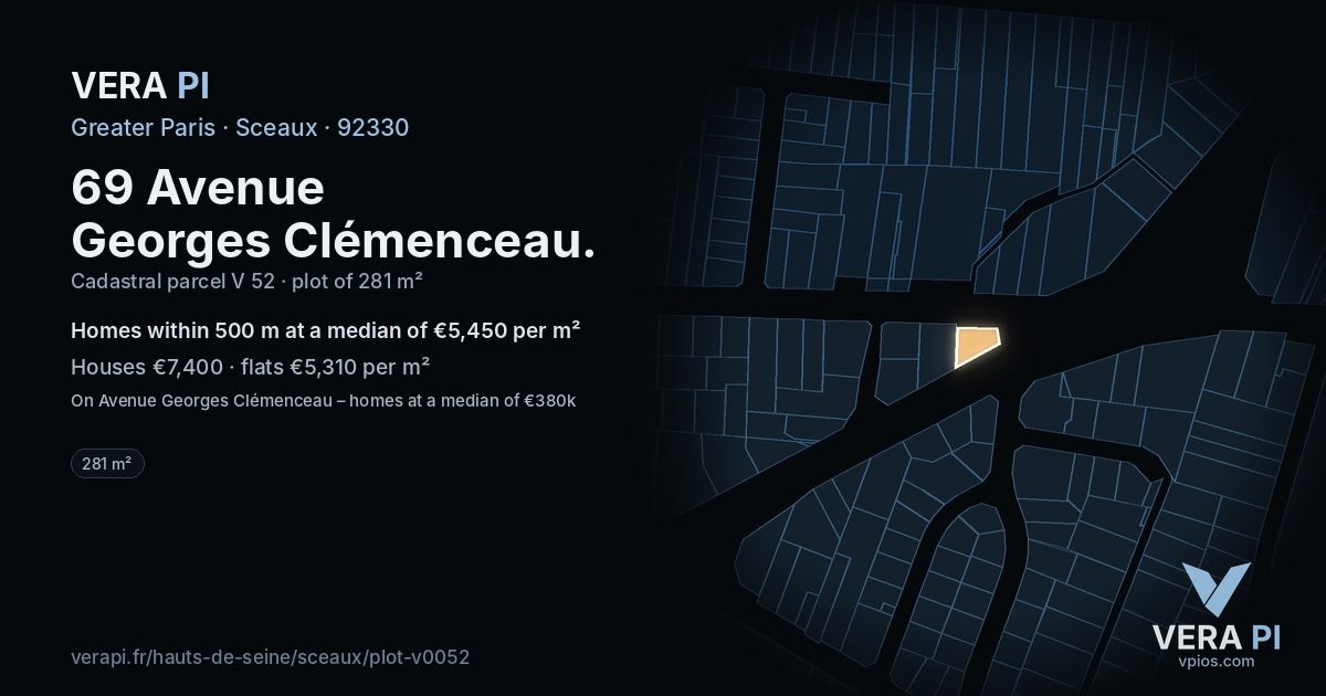 69 Avenue Georges Clémenceau, Sceaux at night – the plot lit, the parcels around coloured by the prices near them