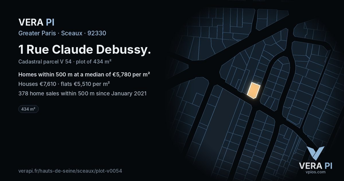 1 Rue Claude Debussy, Sceaux at night – the plot lit, the parcels around coloured by the prices near them