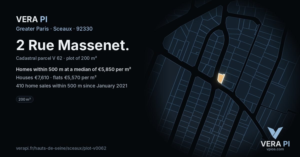 2 Rue Massenet, Sceaux at night – the plot lit, the parcels around coloured by the prices near them