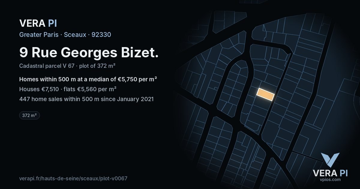 9 Rue Georges Bizet, Sceaux at night – the plot lit, the parcels around coloured by the prices near them
