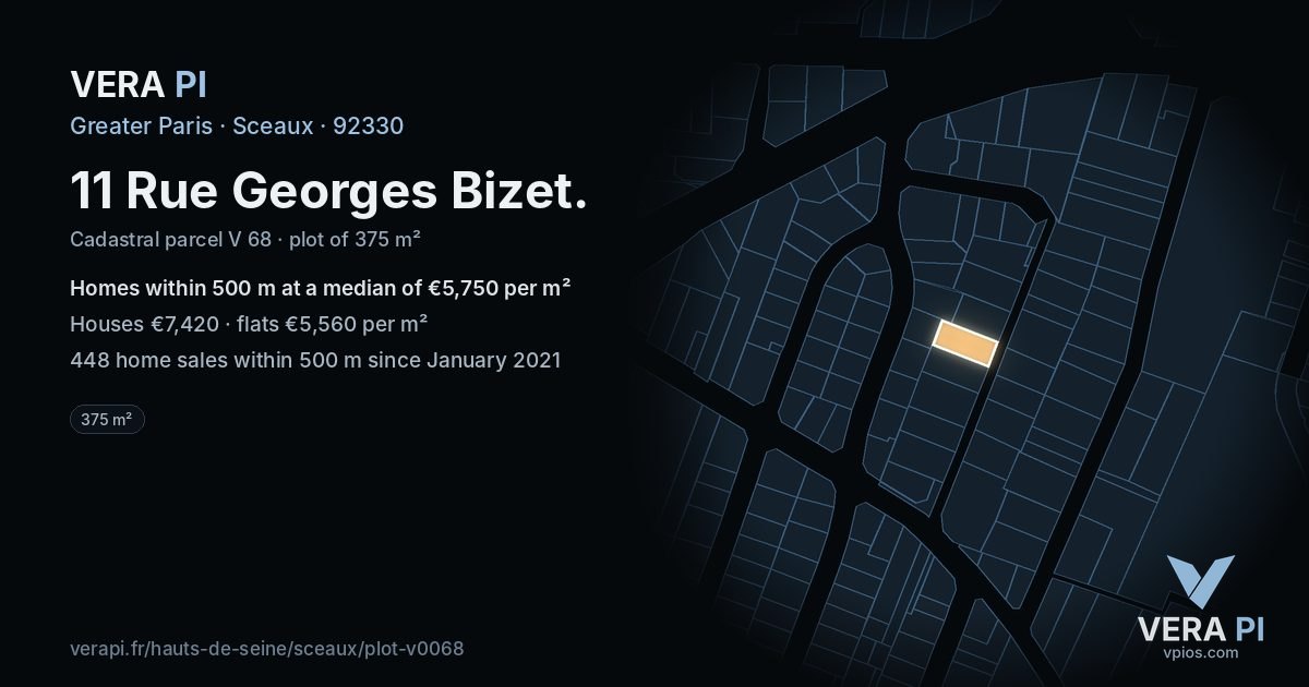 11 Rue Georges Bizet, Sceaux at night – the plot lit, the parcels around coloured by the prices near them