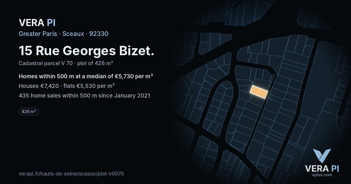 15 Rue Georges Bizet, Sceaux at night – the plot lit, the parcels around coloured by the prices near them