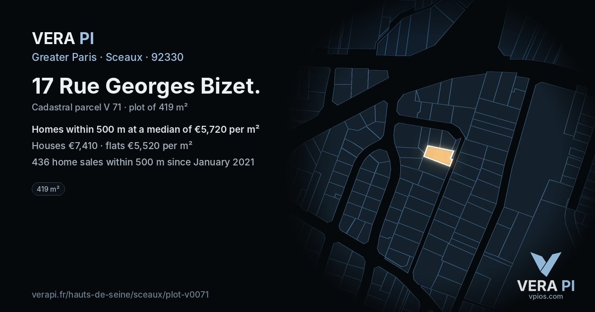 17 Rue Georges Bizet, Sceaux at night – the plot lit, the parcels around coloured by the prices near them