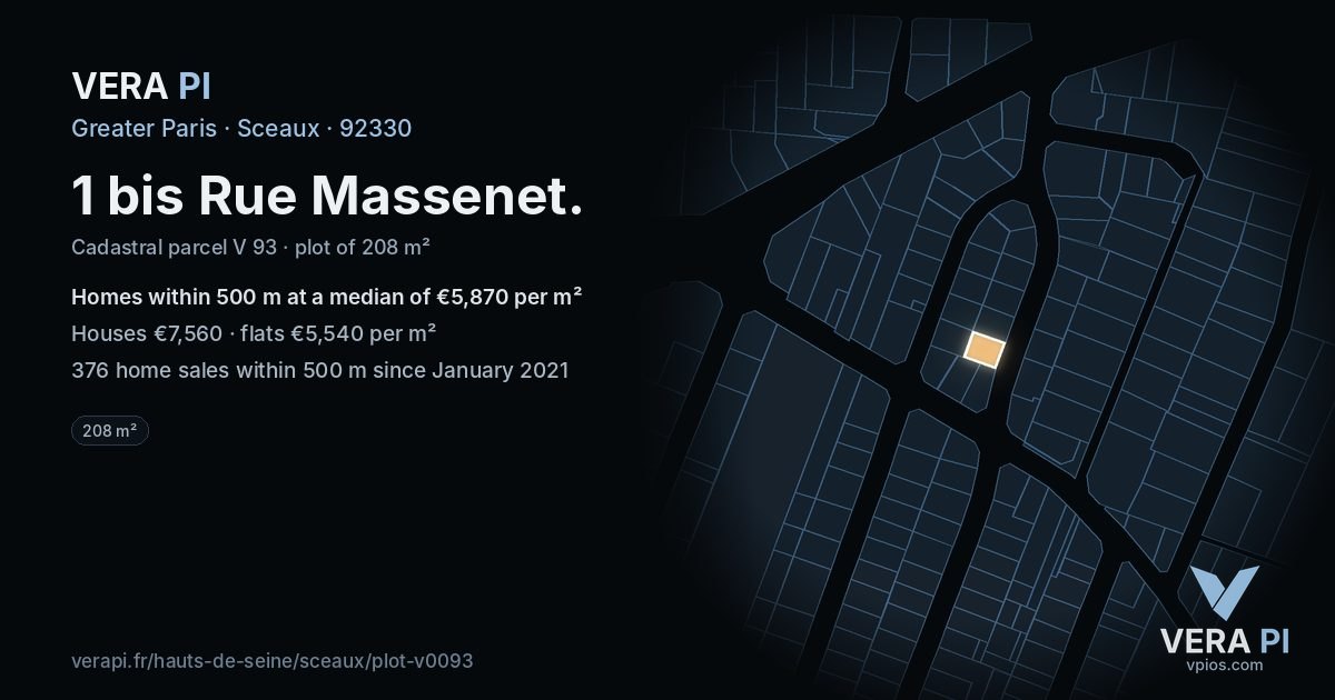 1 bis Rue Massenet, Sceaux at night – the plot lit, the parcels around coloured by the prices near them
