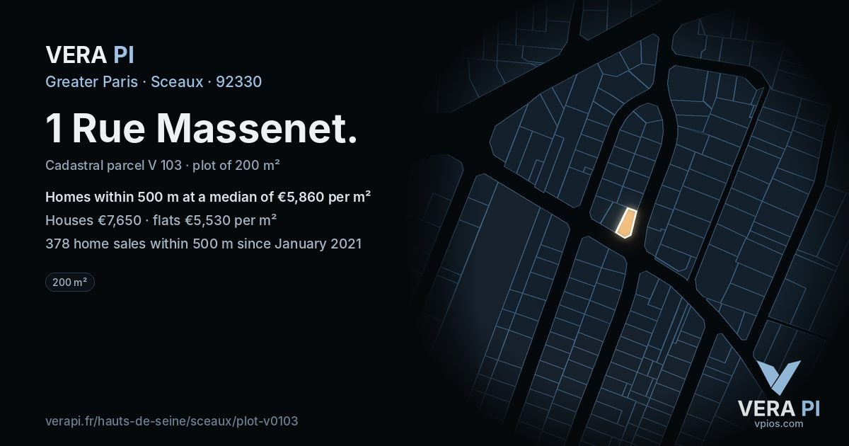 1 Rue Massenet, Sceaux at night – the plot lit, the parcels around coloured by the prices near them