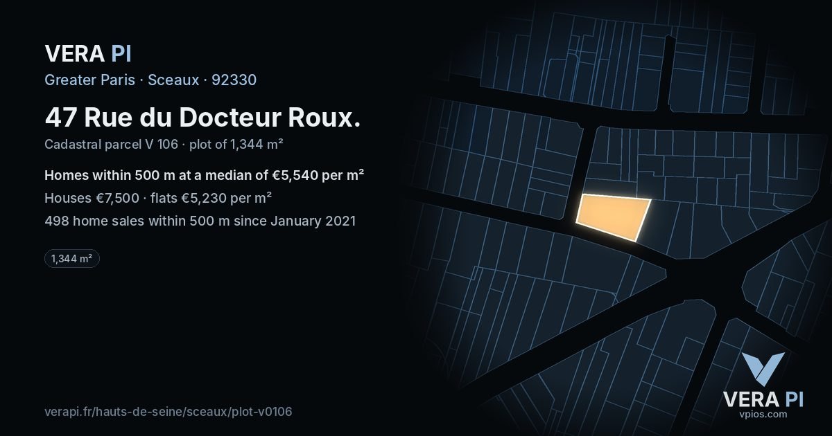 47 Rue du Docteur Roux, Sceaux at night – the plot lit, the parcels around coloured by the prices near them