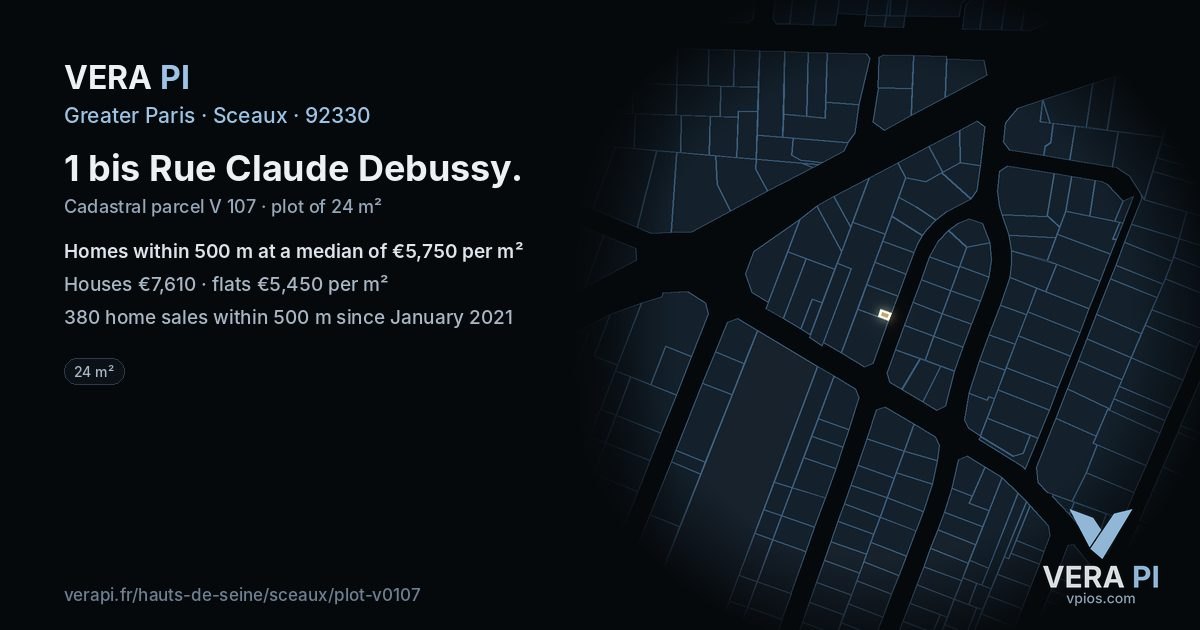 1 bis Rue Claude Debussy, Sceaux at night – the plot lit, the parcels around coloured by the prices near them