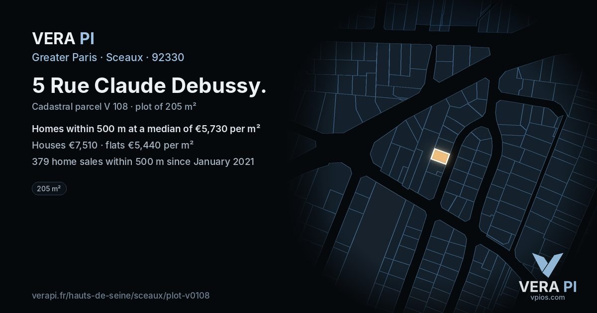5 Rue Claude Debussy, Sceaux at night – the plot lit, the parcels around coloured by the prices near them