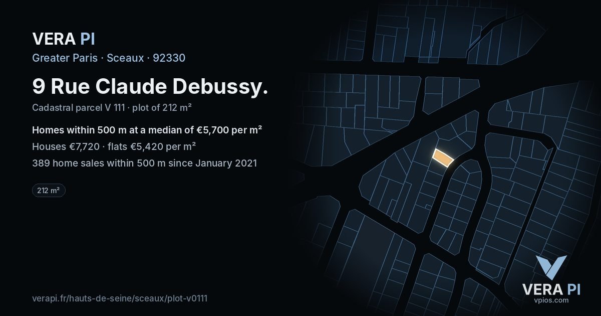 9 Rue Claude Debussy, Sceaux at night – the plot lit, the parcels around coloured by the prices near them